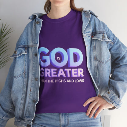 God Greater Gradient Tee — Soft Blue & Lilac Faith Shirt
