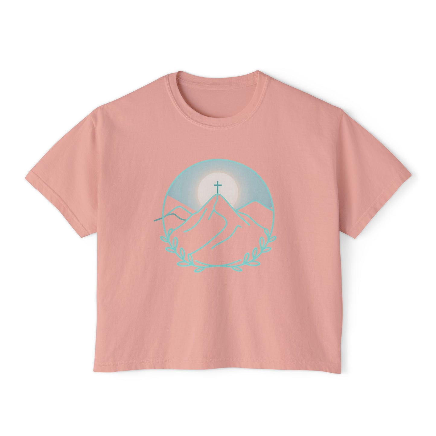 Women's Boxy Tee — Sunrise Mountain Line Art with Laurel (Calm, Faith-Inspired Vintage Tee)