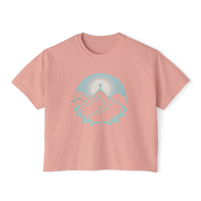 Women's Boxy Tee — Sunrise Mountain Line Art with Laurel (Calm, Faith-Inspired Vintage Tee)