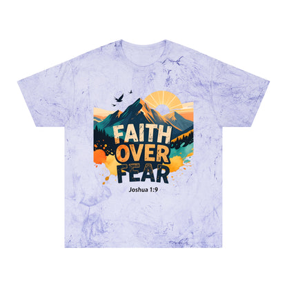 Faith Over Fear Color-Blast T-Shirt — Joshua 1:9 Retro Sunrise