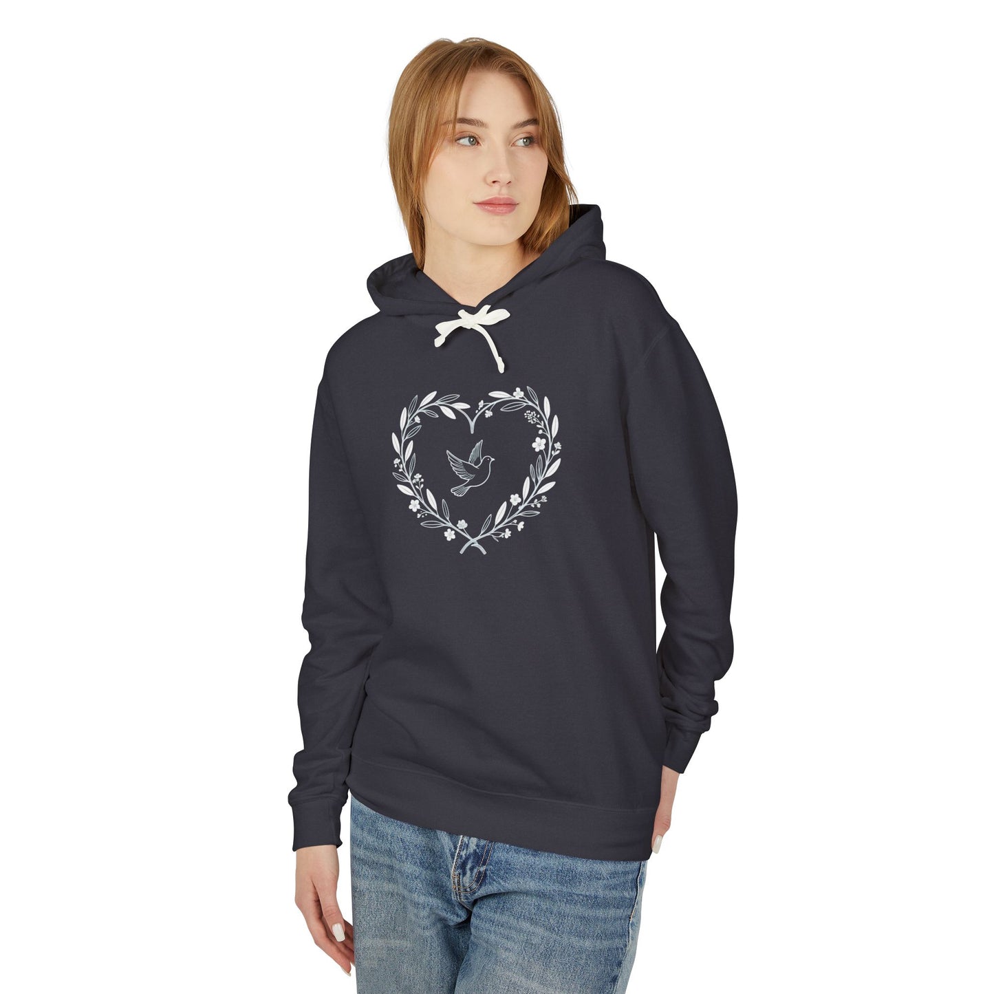 Lightweight Dove-in-Wreath Hoodie — Charcoal Comfort