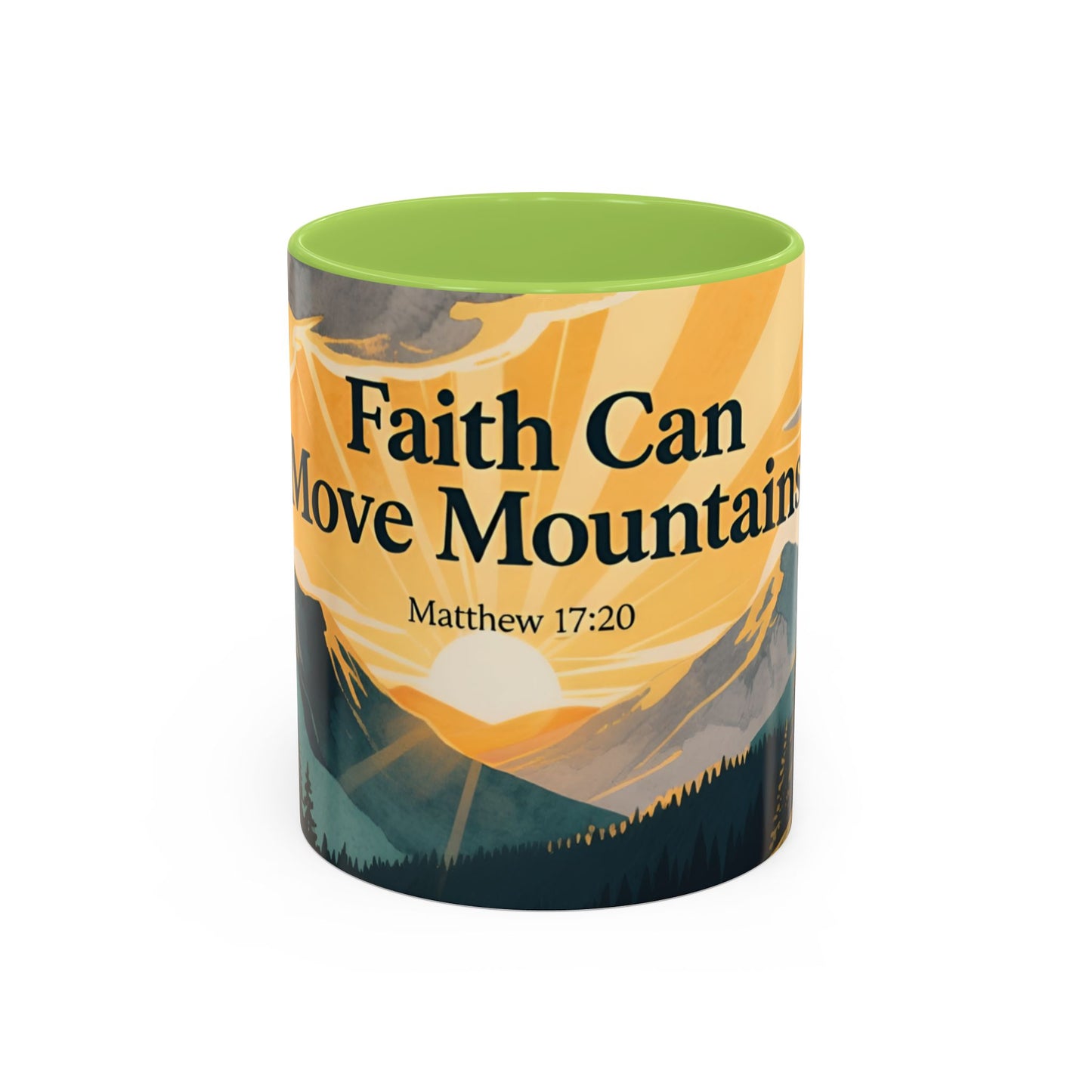 Faith Can Move Mountains Coffee Mug — Matthew 17:20 Inspirational Accent Mug