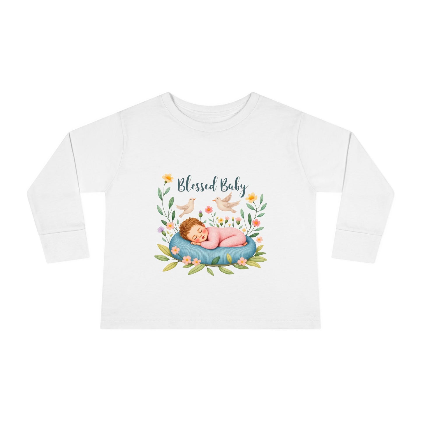 Blessed Baby Toddler Long Sleeve Tee — Cute Sleeping Newborn Floral Design