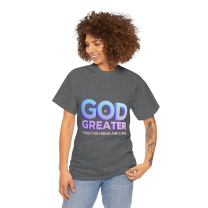 God Greater Gradient Tee — Soft Blue & Lilac Faith Shirt