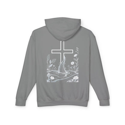 Lightweight Faith Hoodie — Subtle Cross & Stream Design