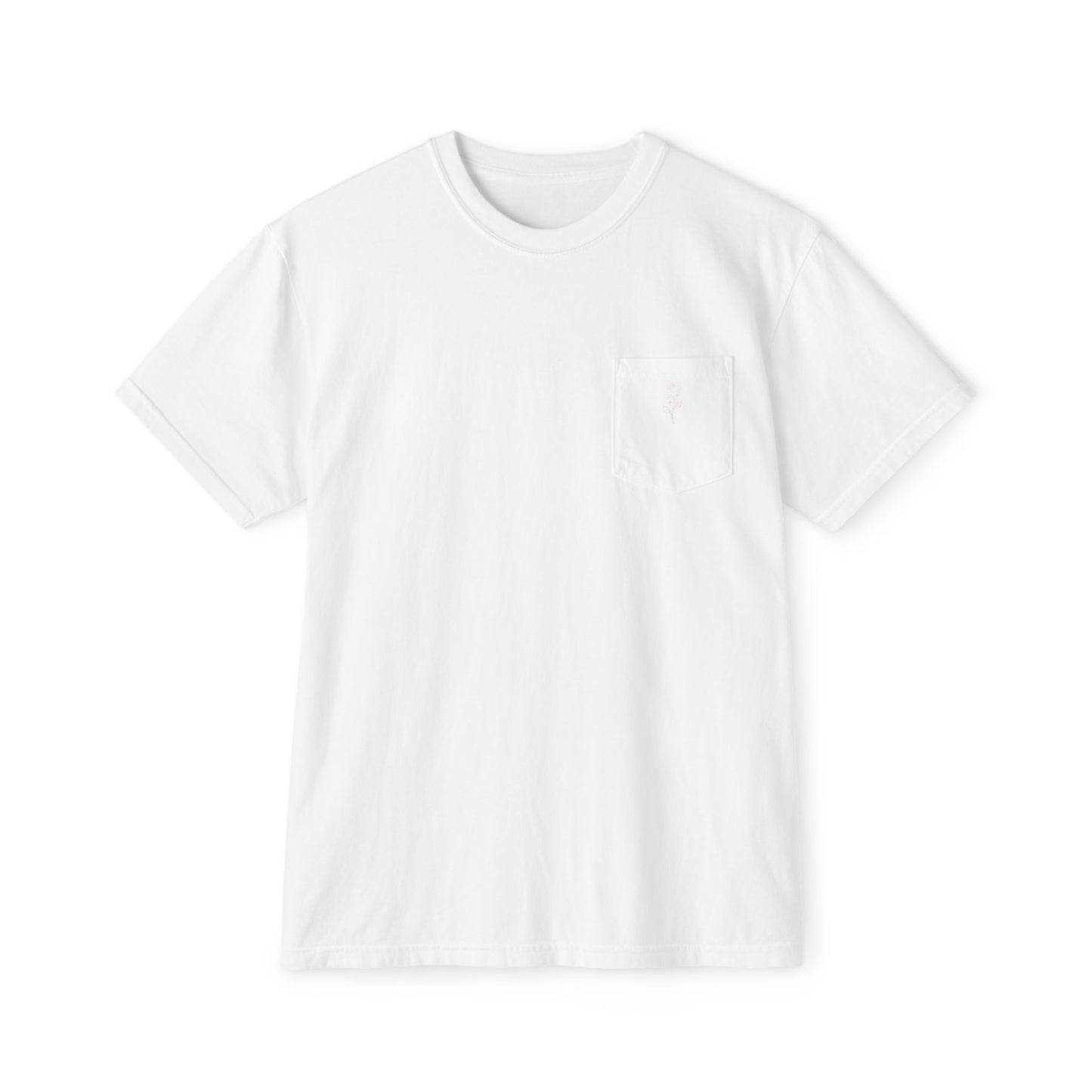 Garment-Dyed Pocket Tee — Rose Line-Art Back Design