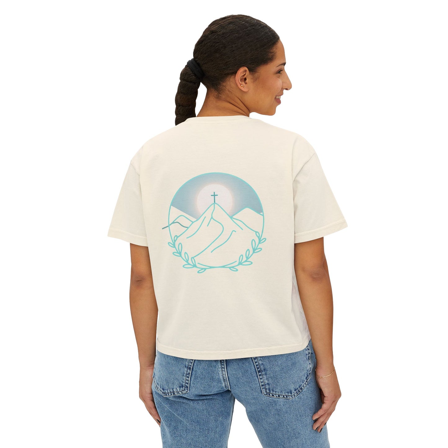 Women's Boxy Tee — Sunrise Mountain Line Art with Laurel (Calm, Faith-Inspired Vintage Tee)
