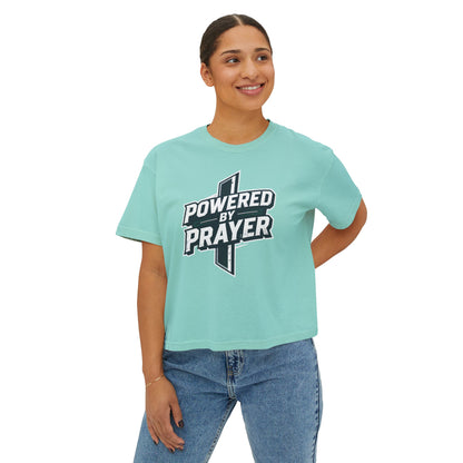 Powered by Prayer Boxy Tee — Women's Christian Graphic Shirt