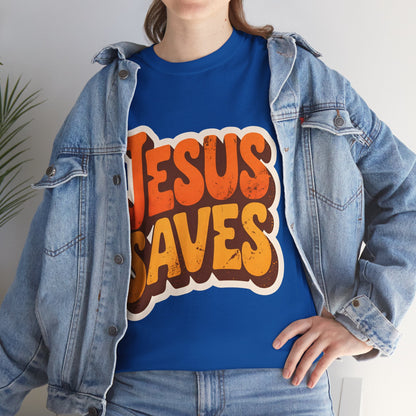 Jesus Saves Retro Tee — Bright Sunset Faith T-Shirt