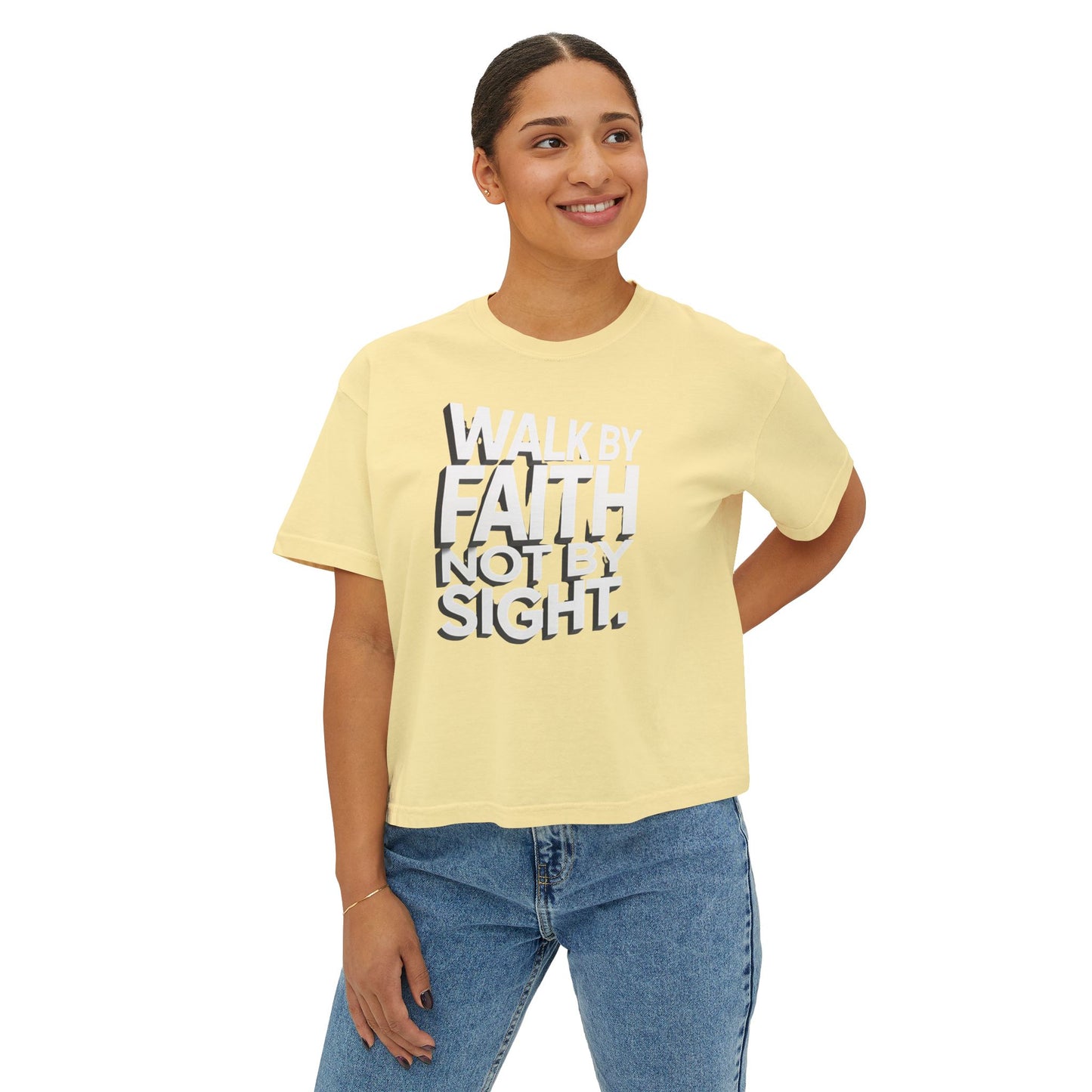 Women's Boxy Tee — "Walk By Faith Not By Sight" Graphic Crop Tee