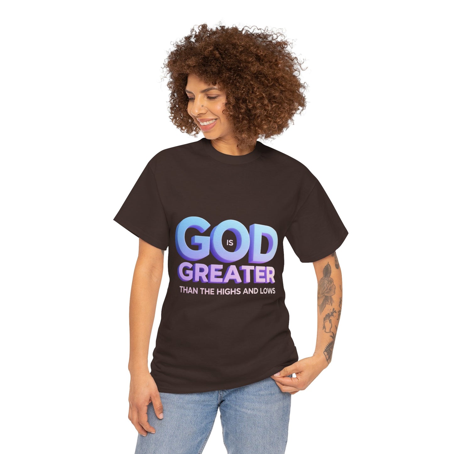 God Greater Gradient Tee — Soft Blue & Lilac Faith Shirt