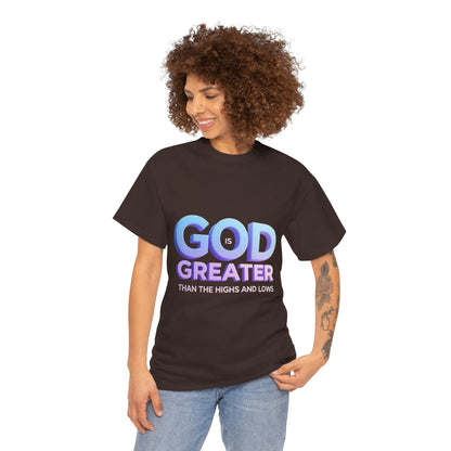God Greater Gradient Tee — Soft Blue & Lilac Faith Shirt
