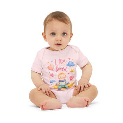 “I Am Loved” Baby Onesie – Cute Infant Bodysuit with Heart & Cloud Illustration