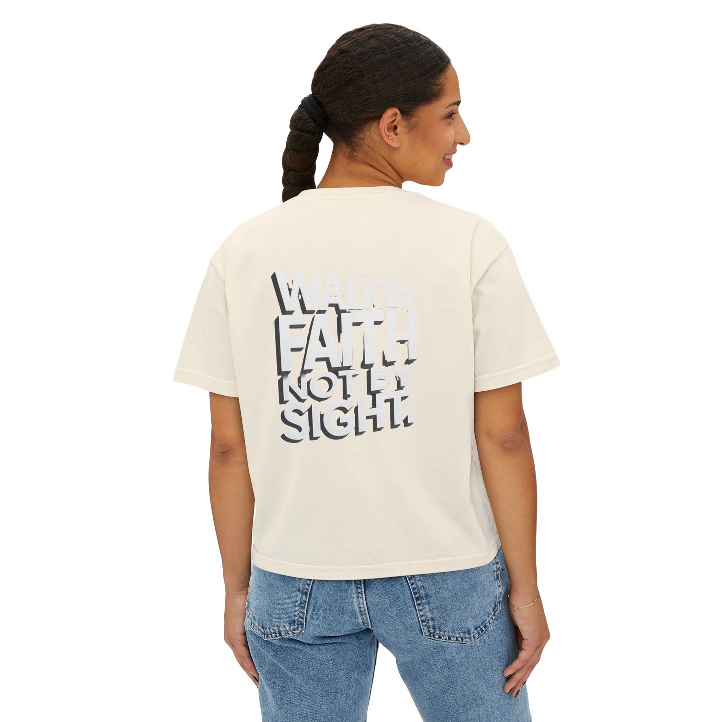 Women's Boxy Tee — "Walk By Faith Not By Sight" Graphic Crop Tee