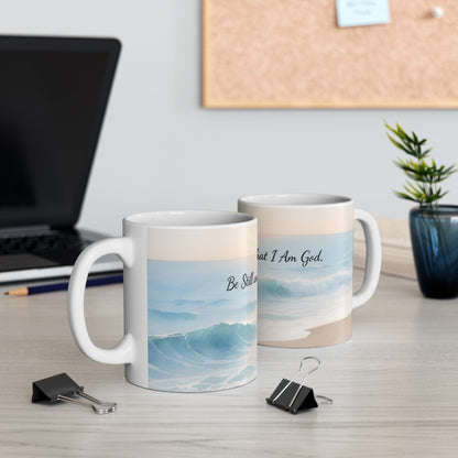 Be Still and Know Psalm 46:10 Ceramic Mug — Ocean Sunrise Faith Coffee Cup (11 oz)