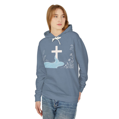 Lightweight Faith Hoodie — Subtle Cross & Stream Design
