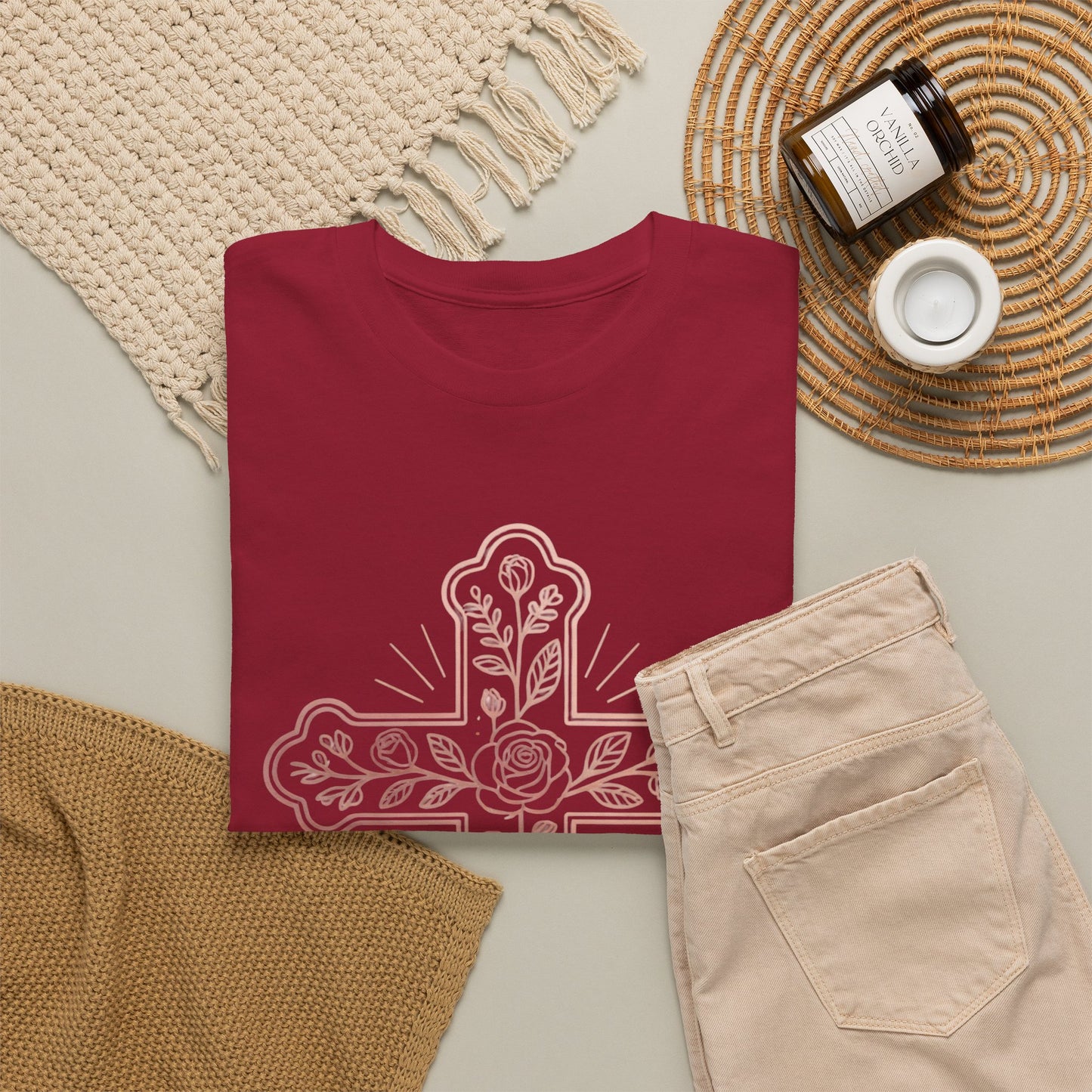 Floral Cross Tee – Delicate Pink Botanical Christian T-Shirt