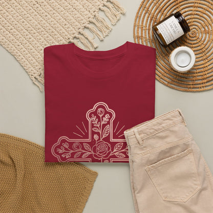 Floral Cross Tee – Delicate Pink Botanical Christian T-Shirt