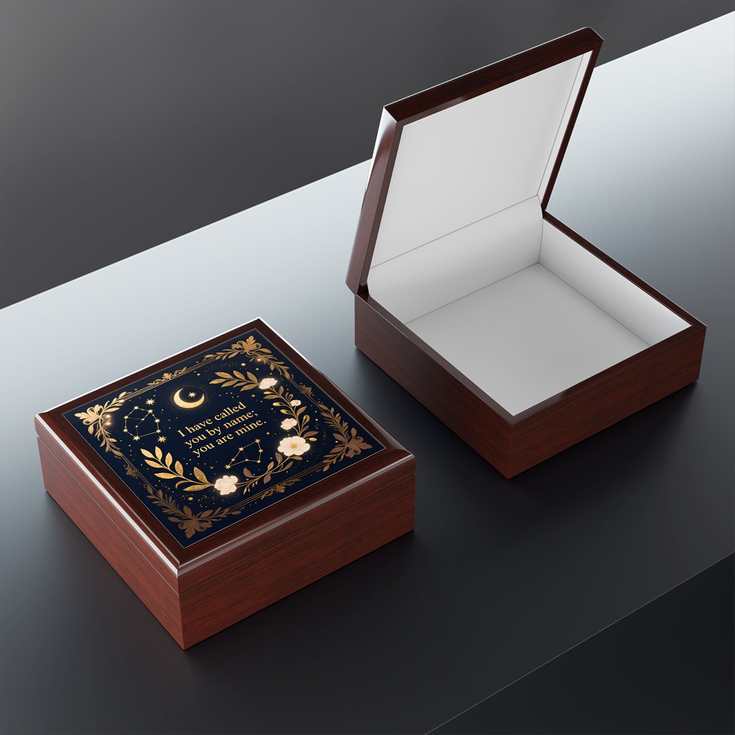 Keepsake Jewelry Box – 'I Have Called You By Name; You Are Mine' Gold Floral Moon Design