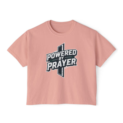 Powered by Prayer Boxy Tee — Women's Christian Graphic Shirt