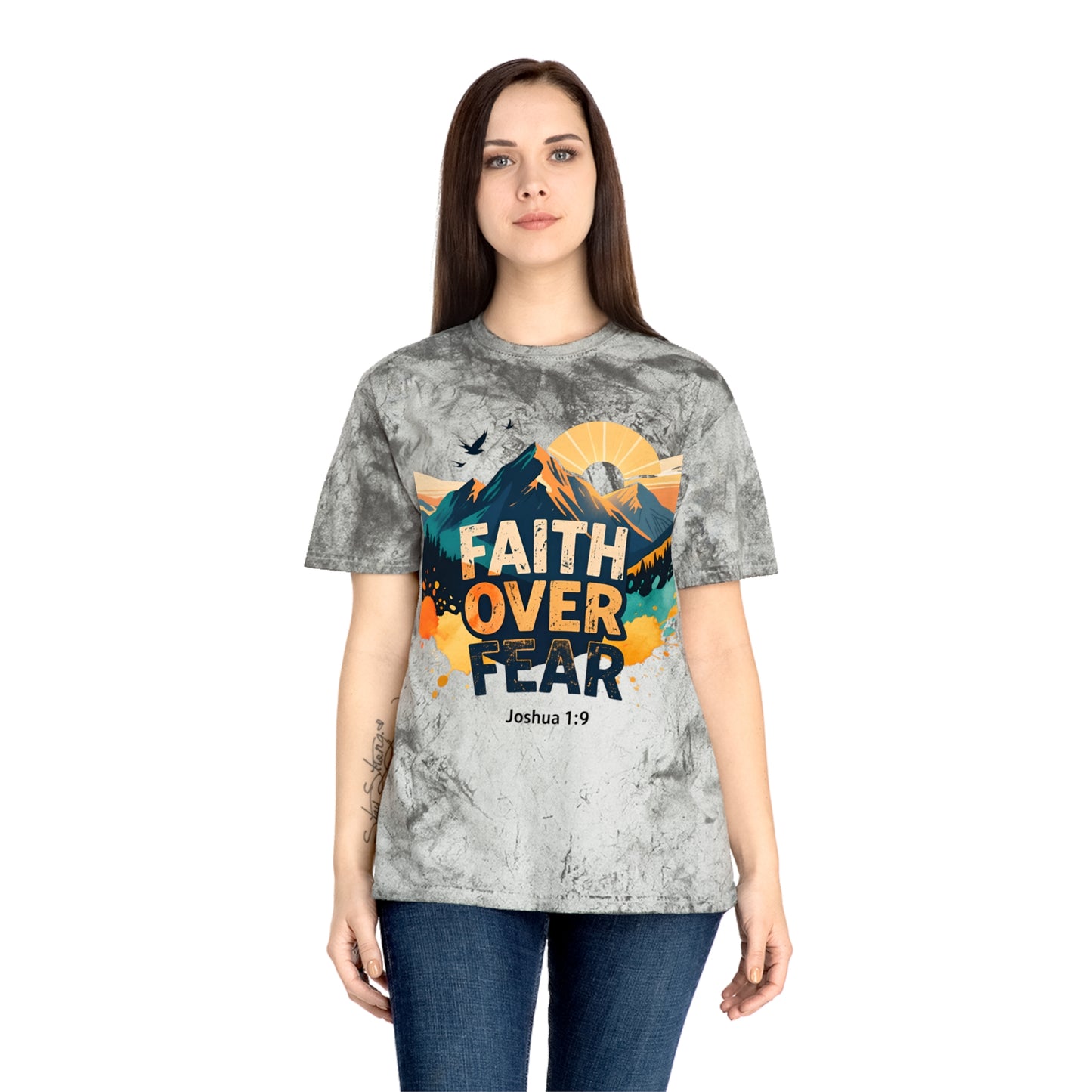 Faith Over Fear Color-Blast T-Shirt — Joshua 1:9 Retro Sunrise