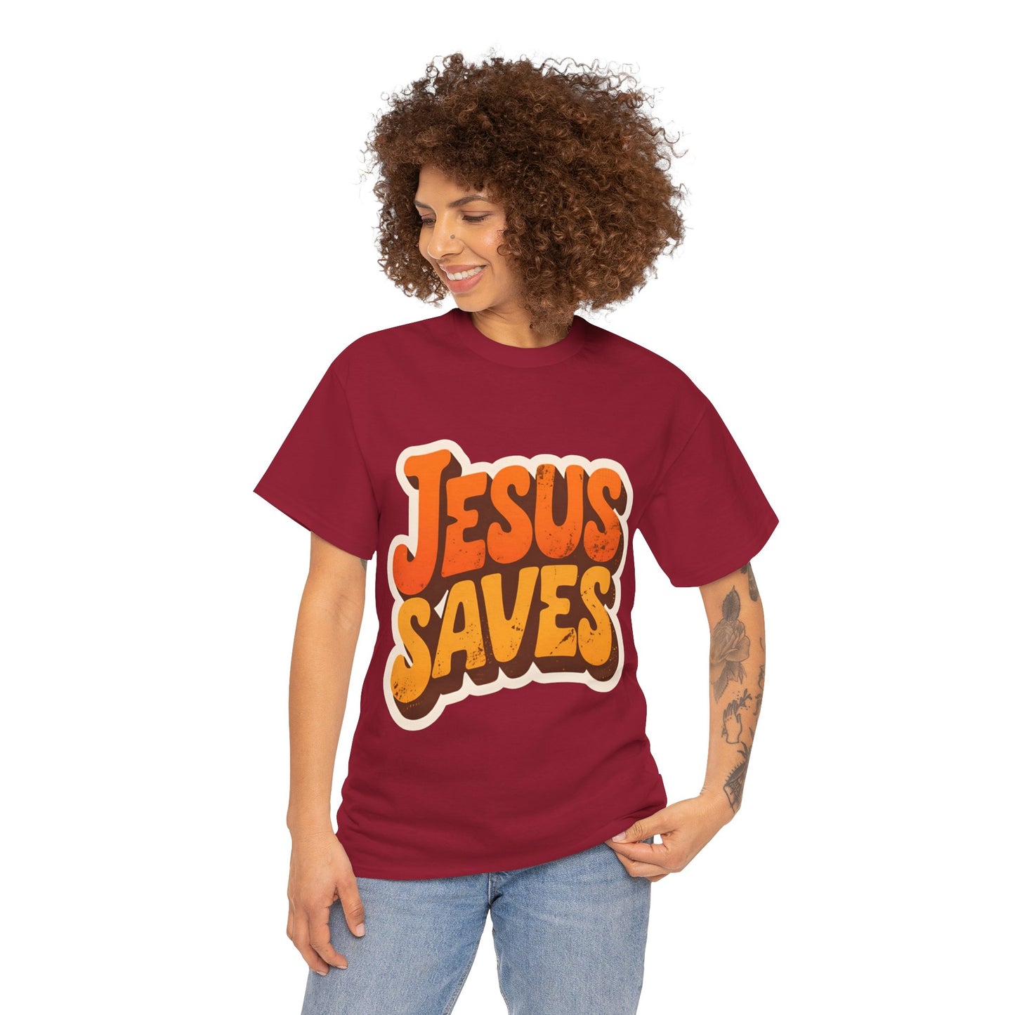 Jesus Saves Retro Tee — Bright Sunset Faith T-Shirt