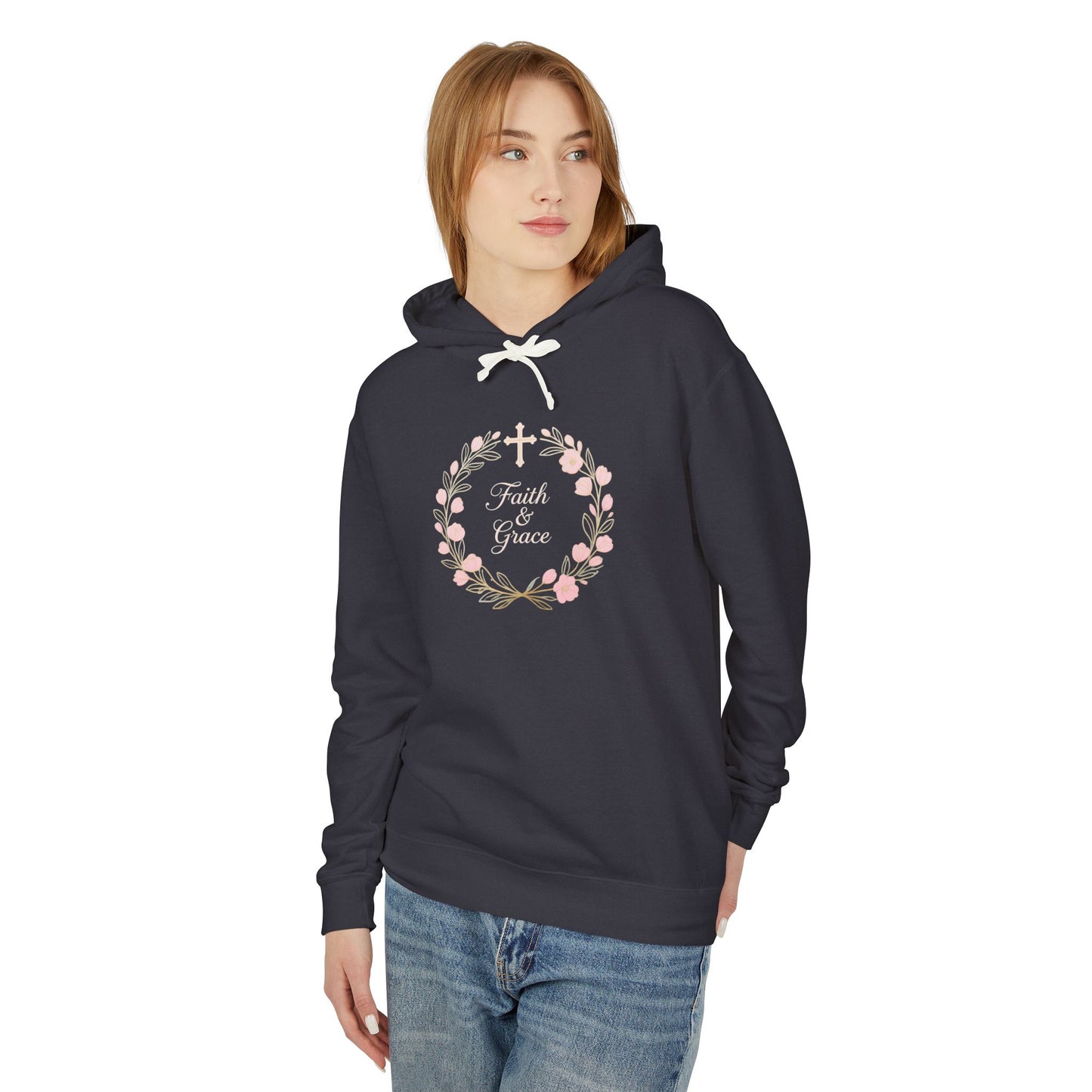 Faith & Grace Blush Rose Hoodie — Lightweight Floral Cross Pullover