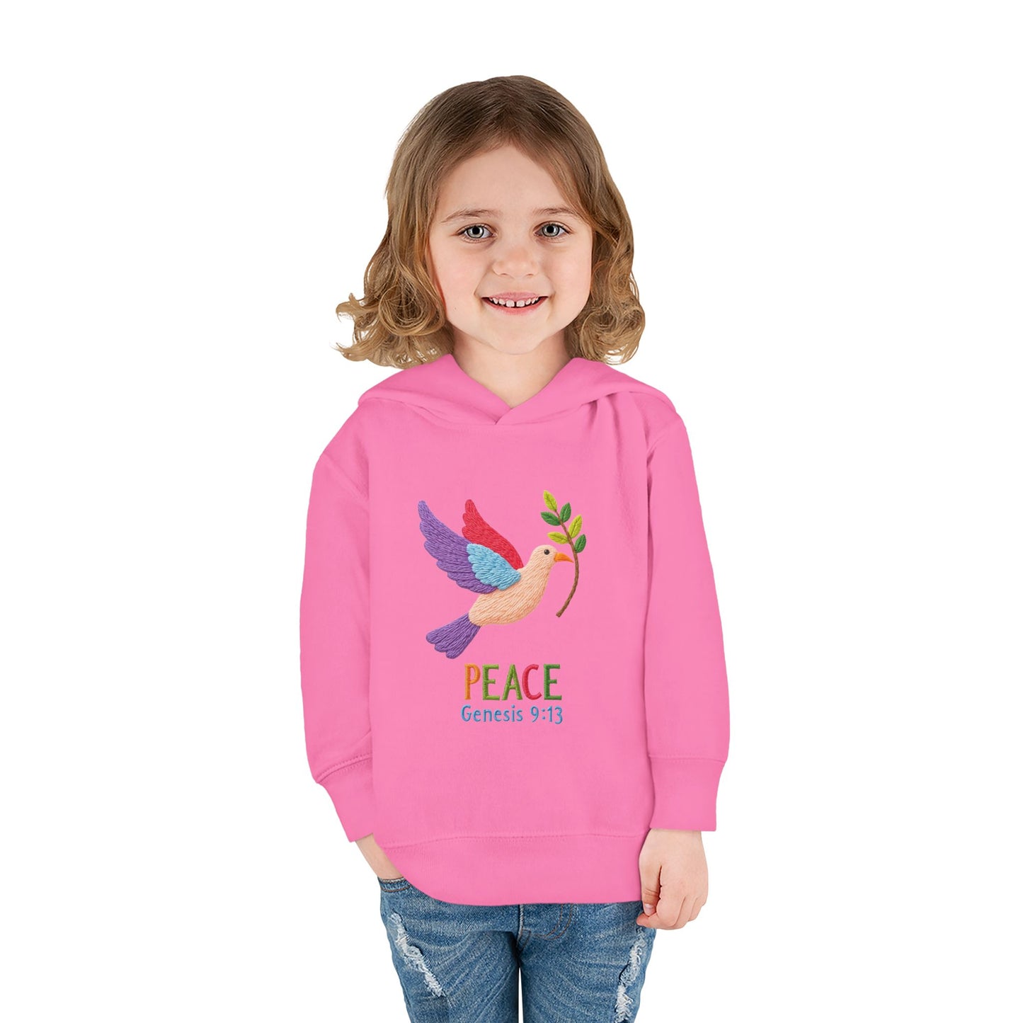 Toddler Hoodie — Colorful Peace Dove with Olive Branch & “PEACE Genesis 9:13”