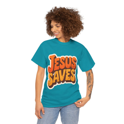 Jesus Saves Retro Tee — Bright Sunset Faith T-Shirt