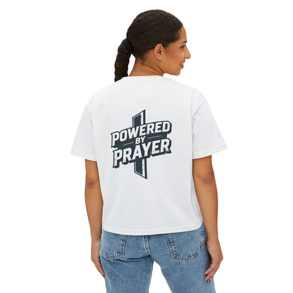 Powered by Prayer Boxy Tee — Women's Christian Graphic Shirt