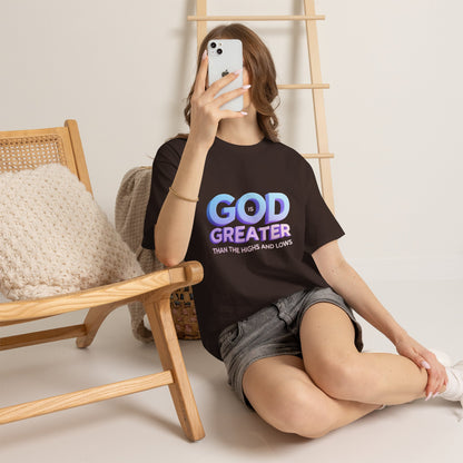 God Greater Gradient Tee — Soft Blue & Lilac Faith Shirt