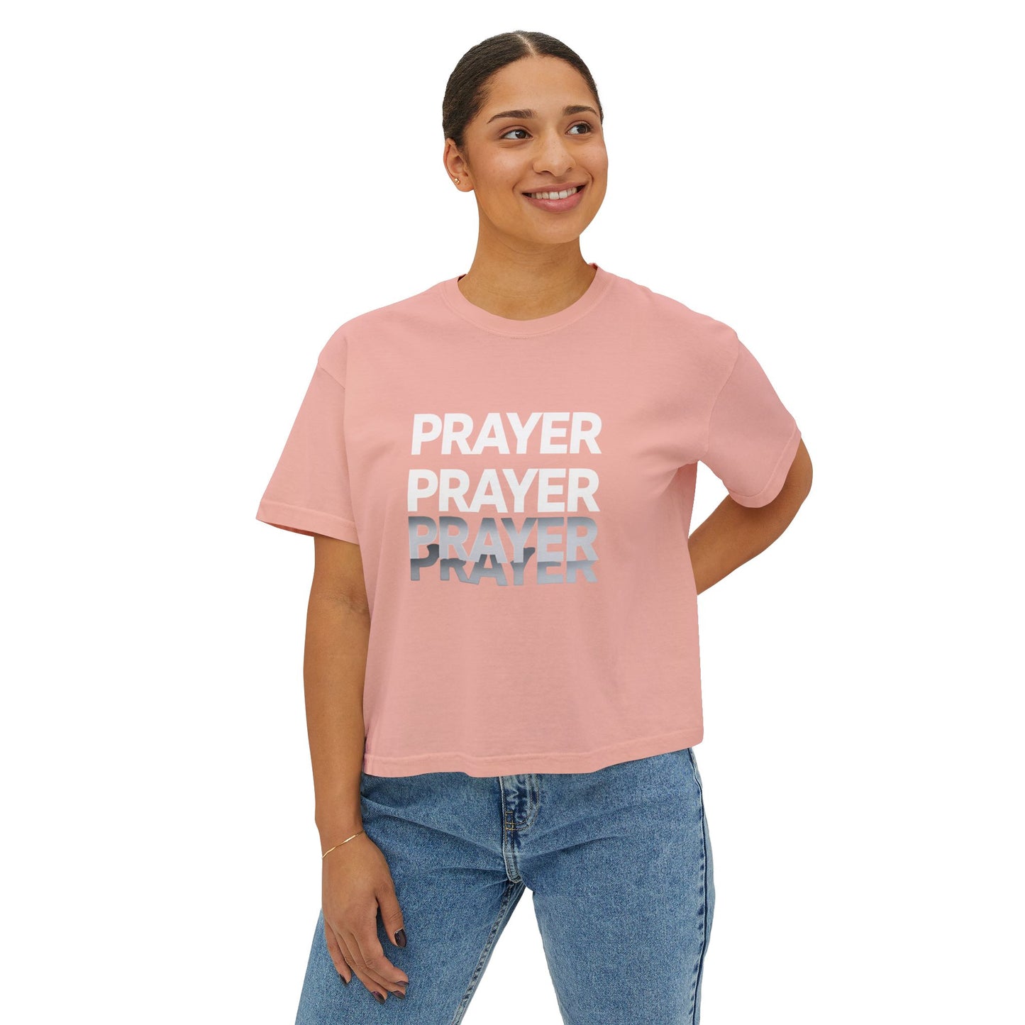 Prayer Boxy Tee — Women's Spiritual Graphic Top (Prayer Repeated Design)
