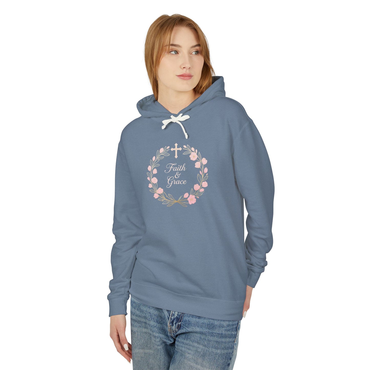 Faith & Grace Blush Rose Hoodie — Lightweight Floral Cross Pullover