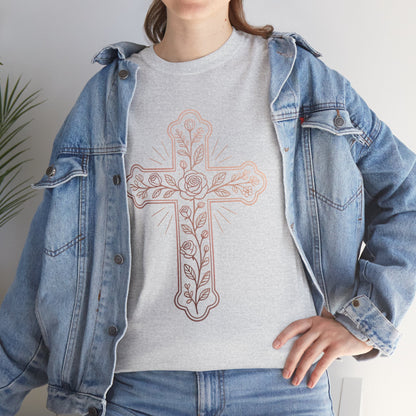Floral Cross Tee – Delicate Pink Botanical Christian T-Shirt