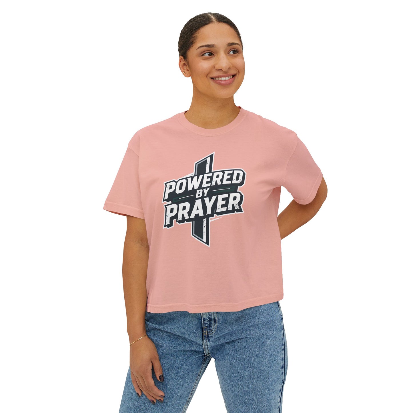 Powered by Prayer Boxy Tee — Women's Christian Graphic Shirt