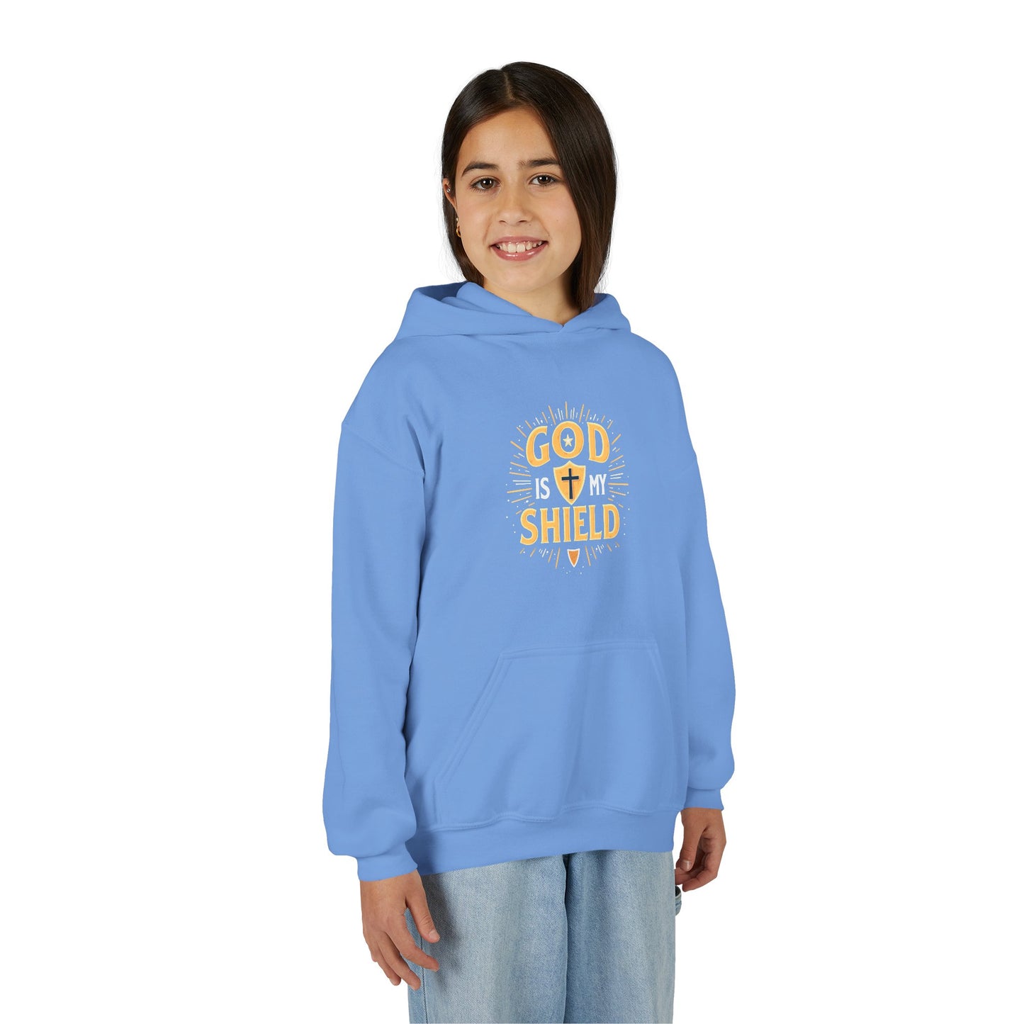 Youth Hoodie — "God Shield" Faith Graphic Pullover