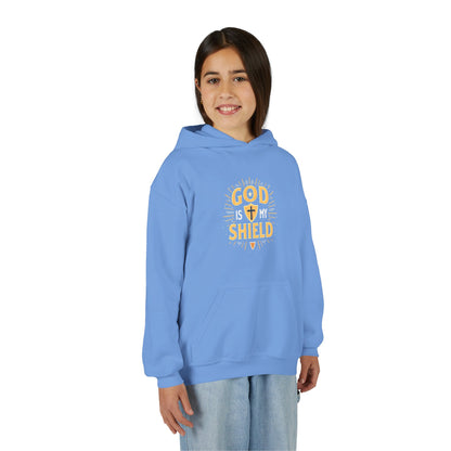Youth Hoodie — "God Shield" Faith Graphic Pullover