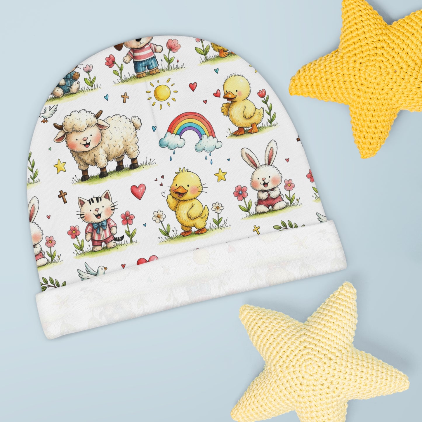 Baby Beanie — Cute Farm Animal Pattern Infant Hat (Lamb, Duck, Bunny & Rainbow)