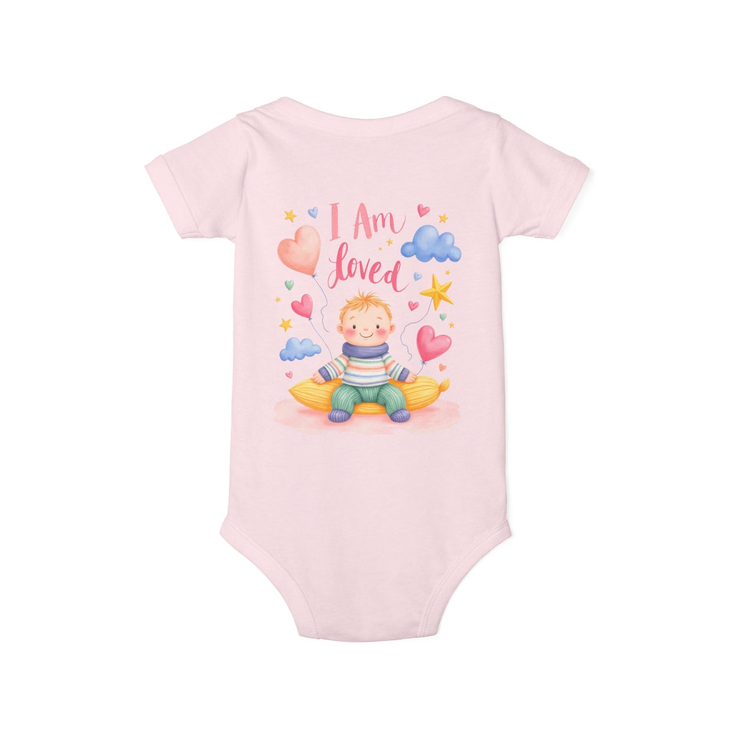 “I Am Loved” Baby Onesie – Cute Infant Bodysuit with Heart & Cloud Illustration