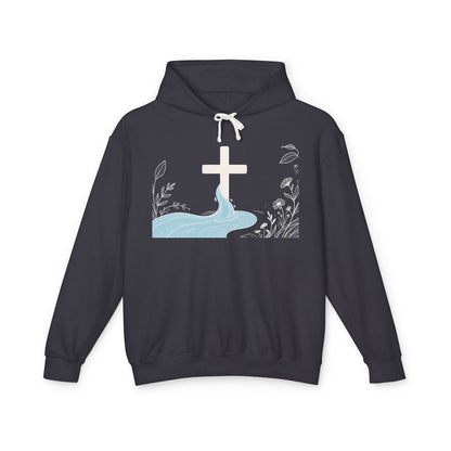 Lightweight Faith Hoodie — Subtle Cross & Stream Design