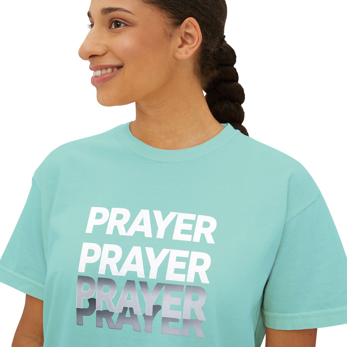Prayer Boxy Tee — Women's Spiritual Graphic Top (Prayer Repeated Design)