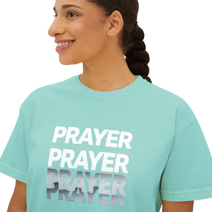 Prayer Boxy Tee — Women's Spiritual Graphic Top (Prayer Repeated Design)