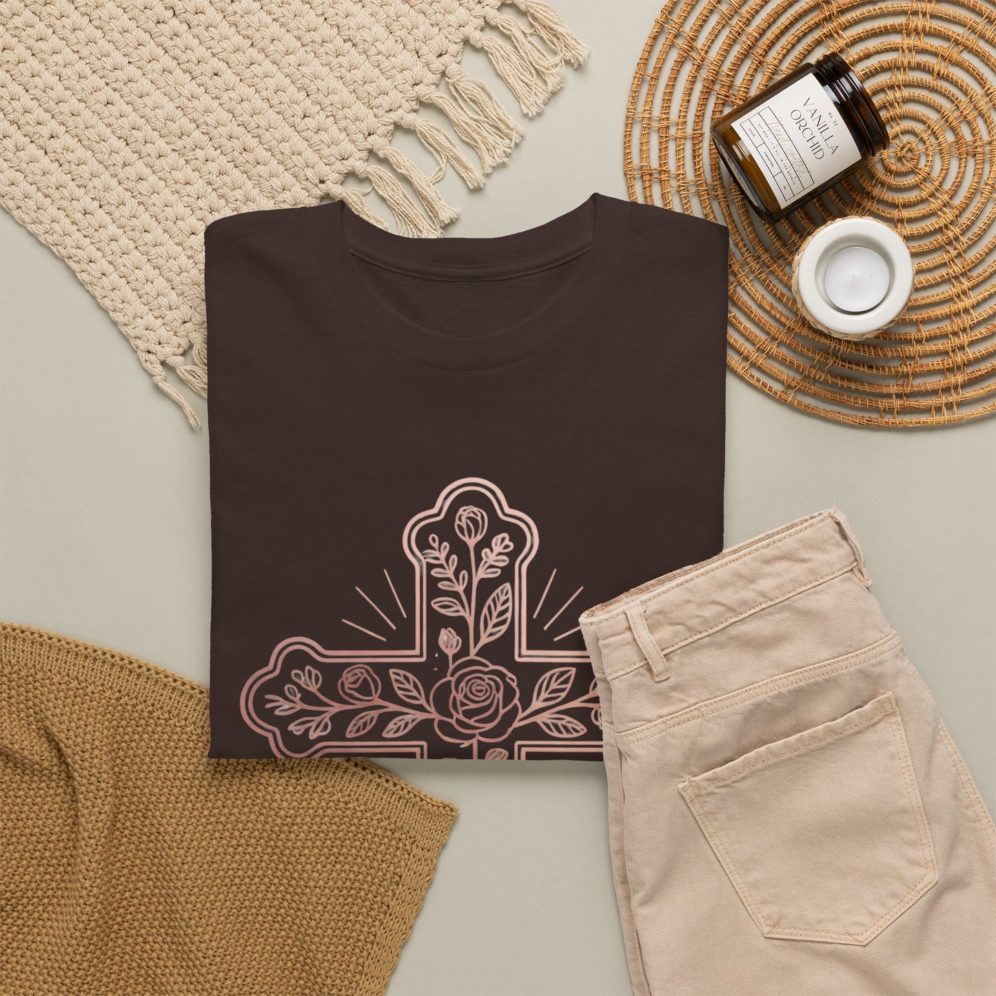 Floral Cross Tee – Delicate Pink Botanical Christian T-Shirt
