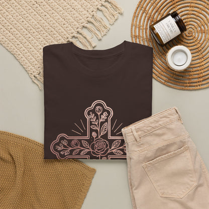 Floral Cross Tee – Delicate Pink Botanical Christian T-Shirt