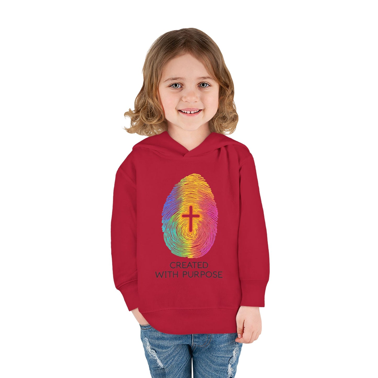 Toddler Hoodie — "Created With Purpose" Rainbow Fingerprint Cross