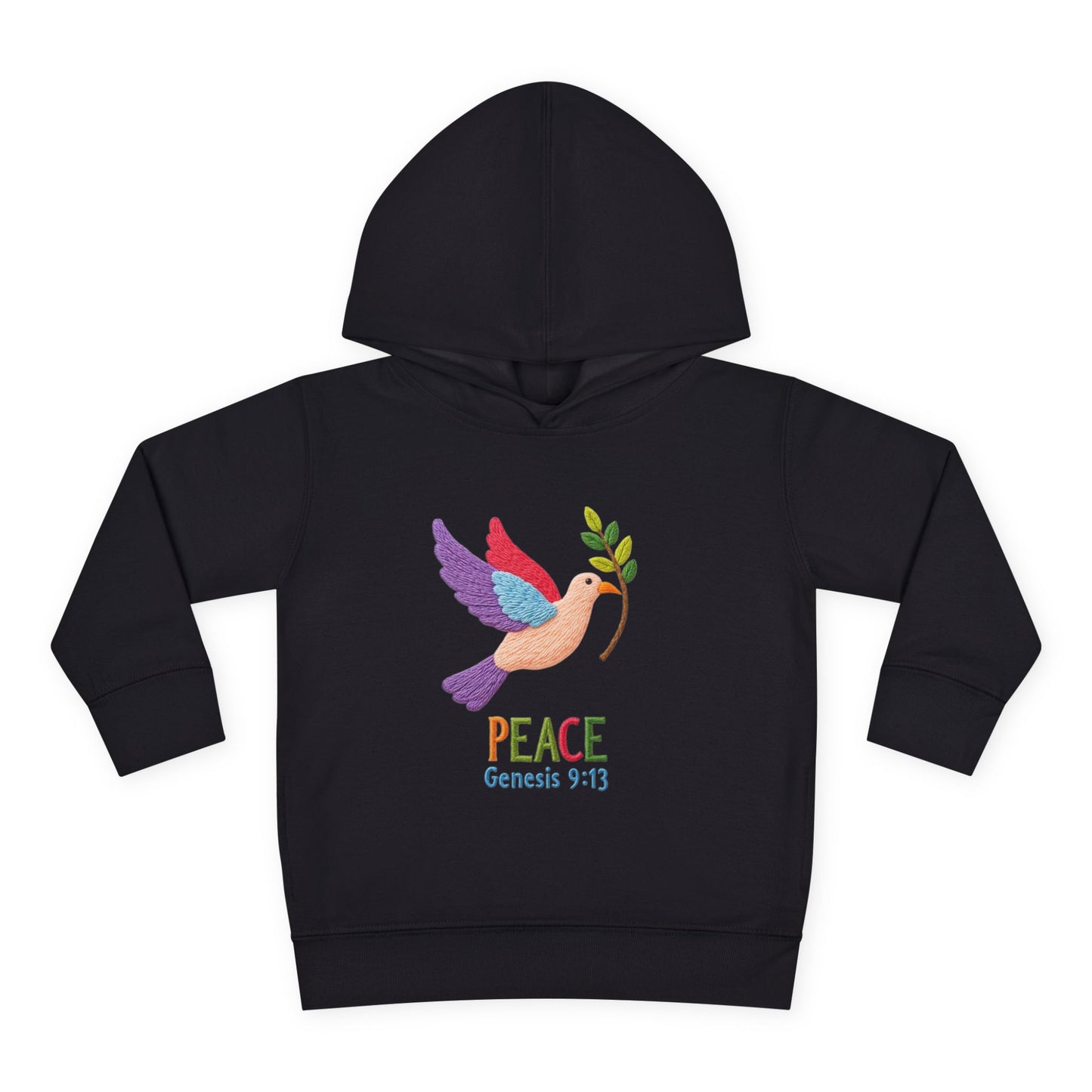 Toddler Hoodie — Colorful Peace Dove with Olive Branch & “PEACE Genesis 9:13”
