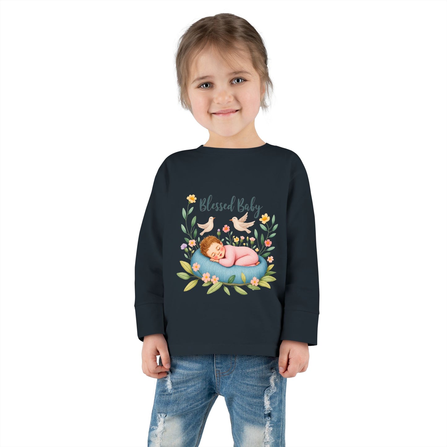 Blessed Baby Toddler Long Sleeve Tee — Cute Sleeping Newborn Floral Design