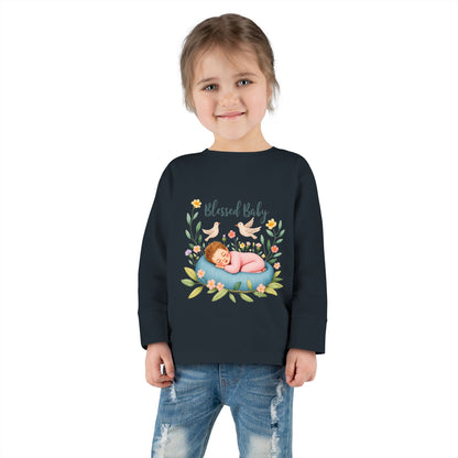 Blessed Baby Toddler Long Sleeve Tee — Cute Sleeping Newborn Floral Design