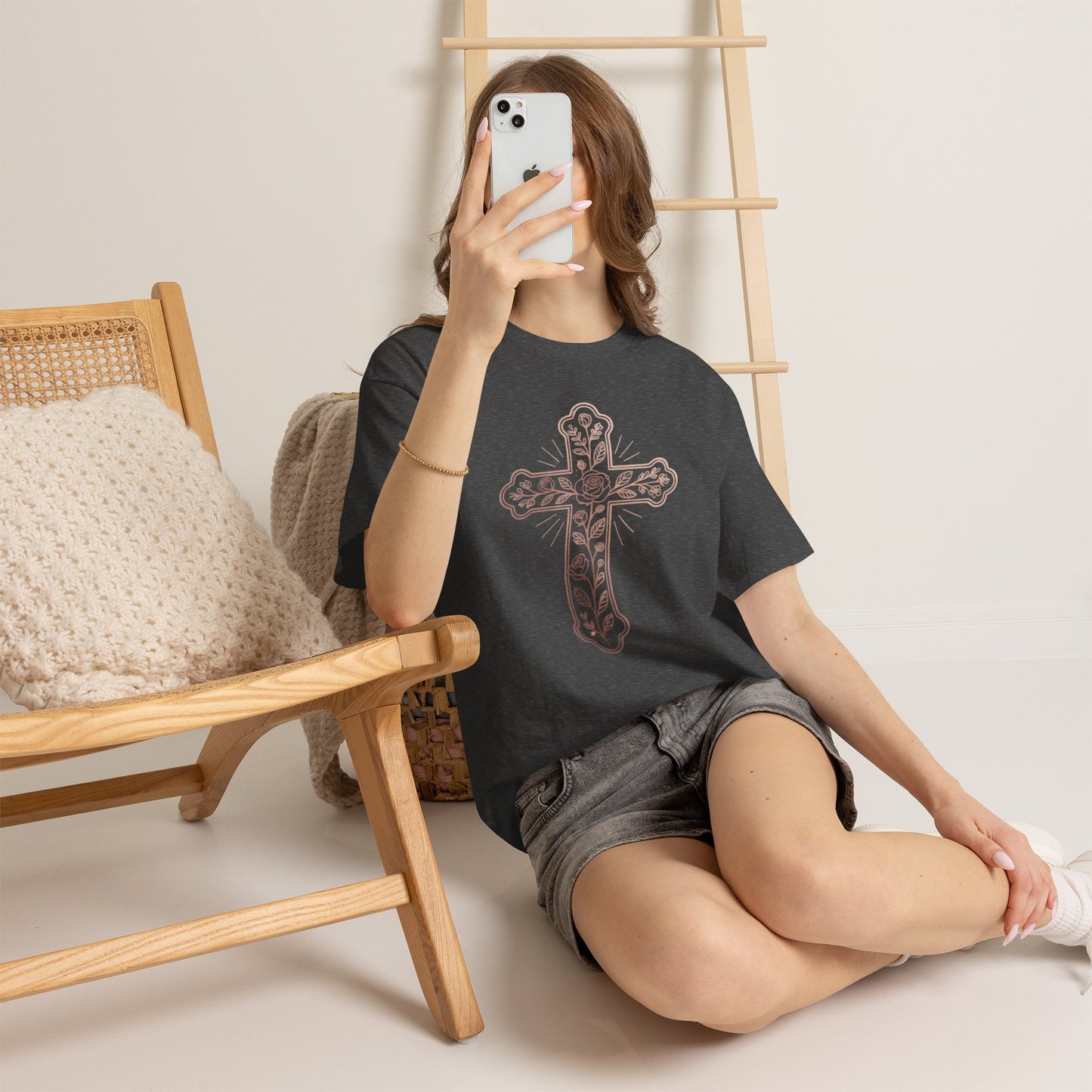 Floral Cross Tee – Delicate Pink Botanical Christian T-Shirt