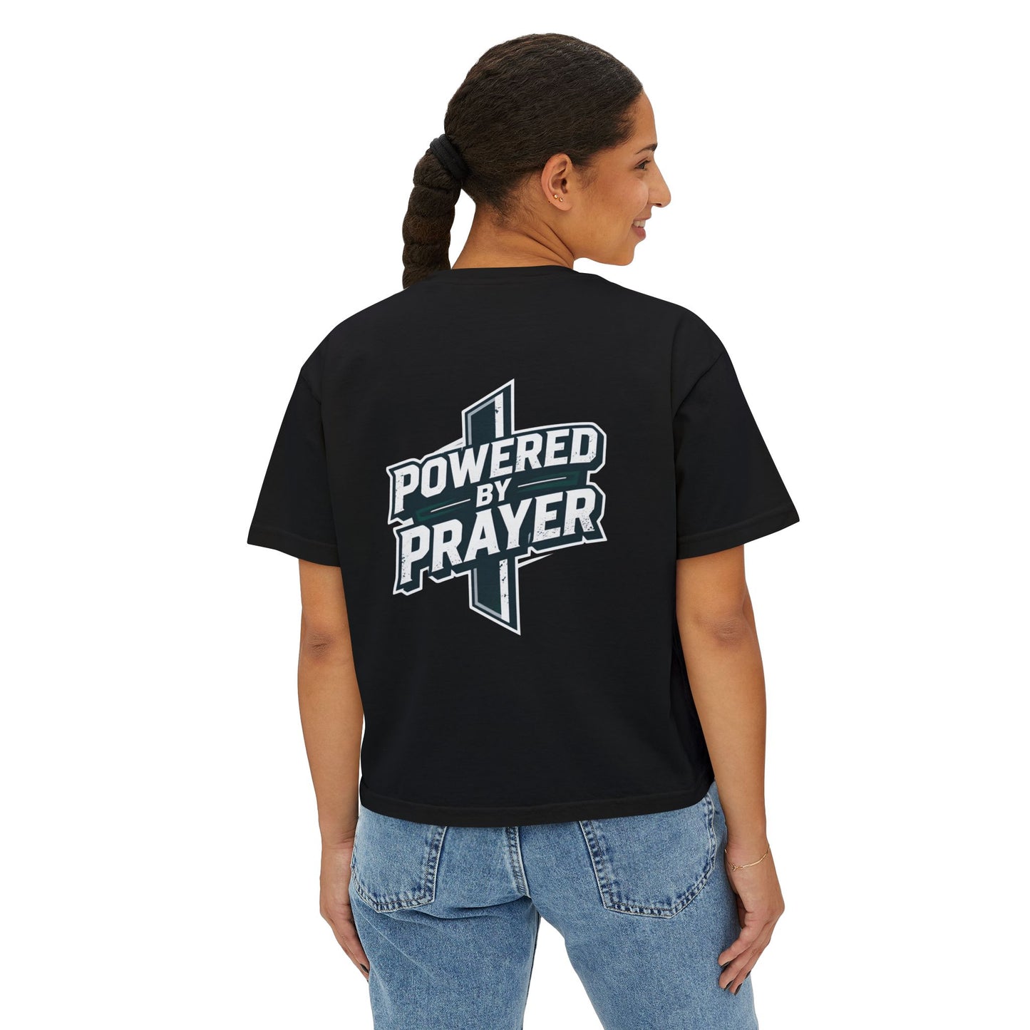 Powered by Prayer Boxy Tee — Women's Christian Graphic Shirt
